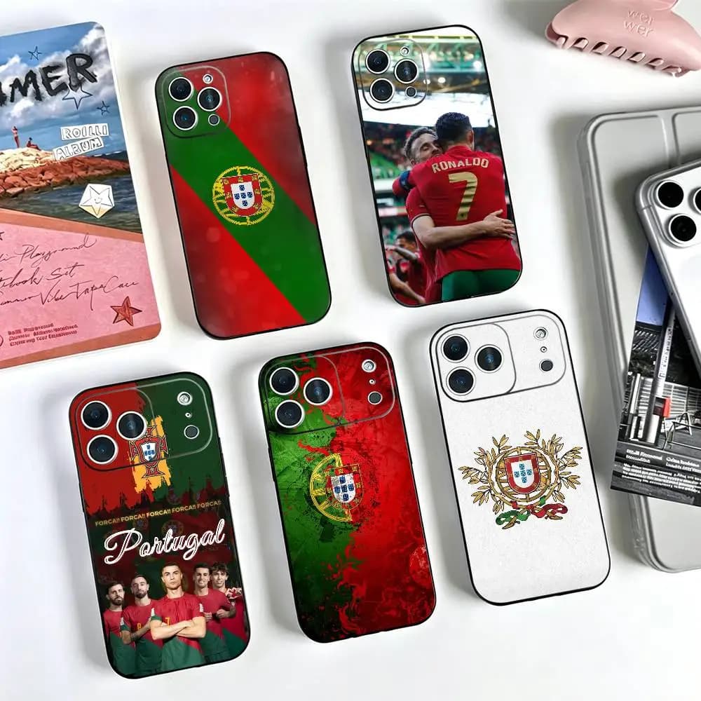 Football Support Portugal Flag Phone Case For iPhone 17,16,15,14,13,12,11 Plus,Pro Max,XS,Soft Silicone Black Cover