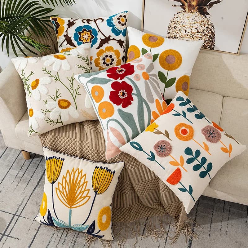 Home Decorations Floral Cushion Lining Flower Embroidered Linen Simple Sofa Headboard pillow cover Cogines 45x45 cm