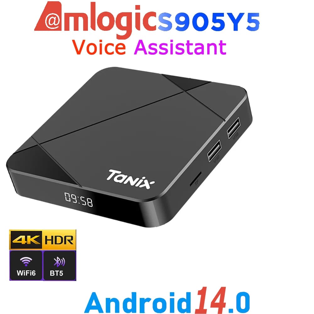 TANIX TX5 Amlogic S905Y5 Android 14.0 4K Video LAN 100M Wifi6 BT5.0 Remote control with Voice Assistant 4GB 64GB Media Smart TV Box