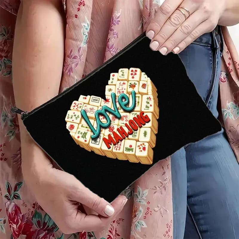 Organizer per cosmetici e articoli da toeletta con stampa di tessere Mahjong - Design a forma di tavola Mahjong a forma di cuore con chiusura a cerniera e tessere stampate, leggero
