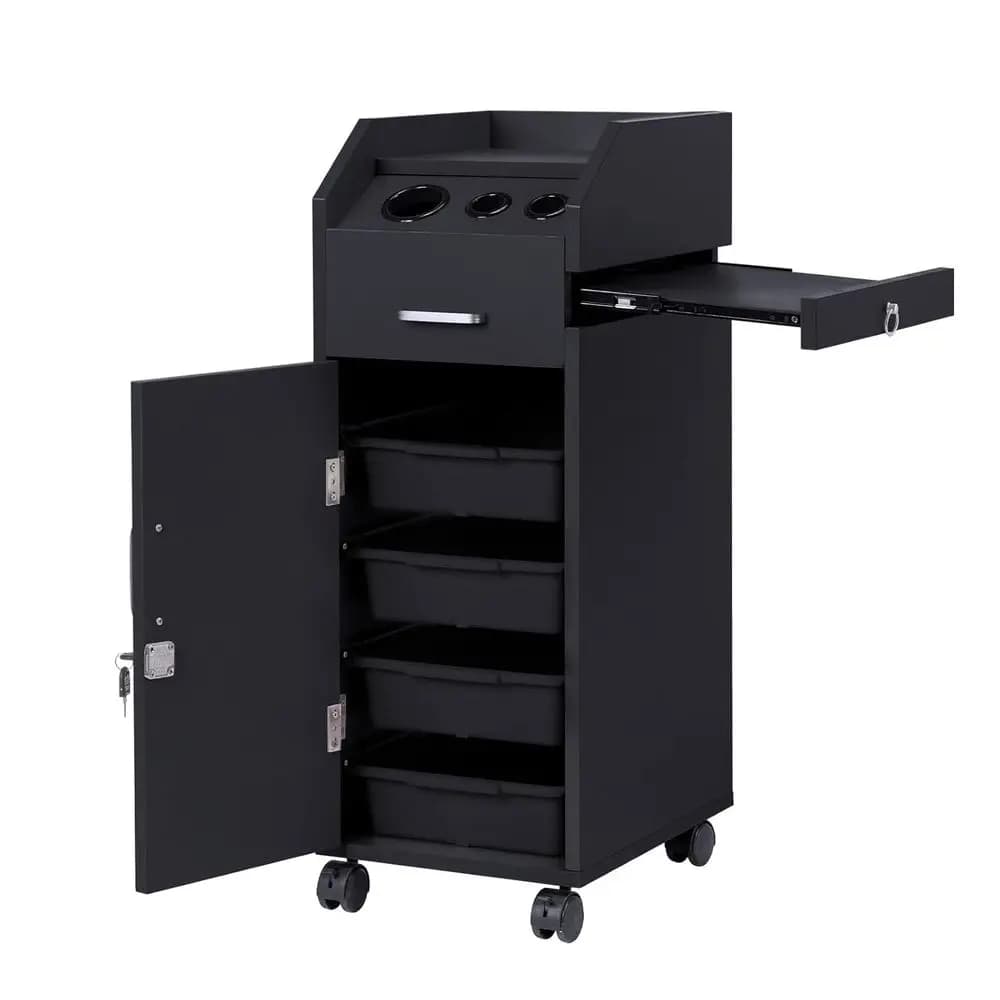 Carrello Porta Asciugacapelli Mobile con Ruote, 3 Supporti, 4 Cassetti, Serratura e 2 Chiavi, Valigetta per Trucchi, Carrello Multiuso per SPA (Nero)