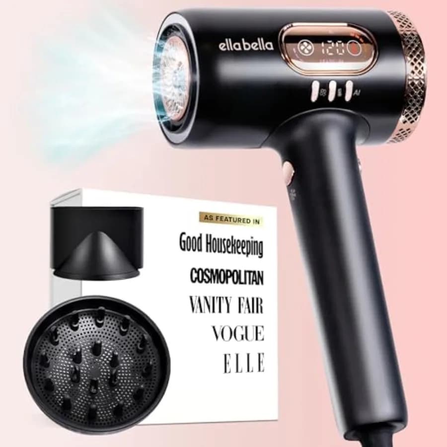 Asciugacapelli Professionale Smart al Plasma con Diffusore per Uso Domestico e Salone, Rivestimento in Ceramica e Titanio Nero, Tecnologia Plasma Avanzata