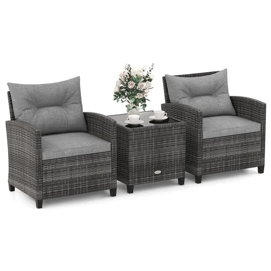 Set di Mobili da Giardino, 3 Pezzi, Set Conversazione in Vimini da Esterno, Sedie in Rattan con Cuscini Morbidi, Tavolino in Vetro, Bistrot da Patio