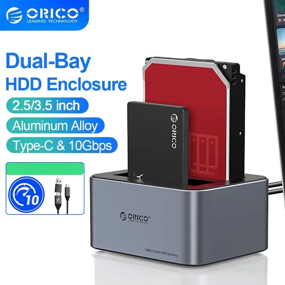 ORICO Dual Bay 2.5/3.5" HDD Docking Station Alluminio Offline Clone 10Gbps USB3.1 Type-C Gen2 Custodia per disco rigido esterno