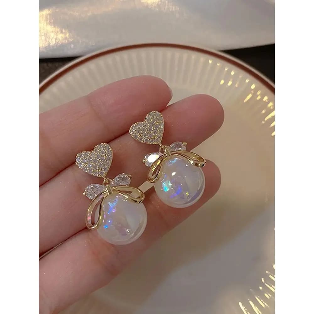 Elegant Faux Pearl Bowknot Heart DiamondEncrusted Mermaid Princess Earrings For Sweet Luxury Date Night