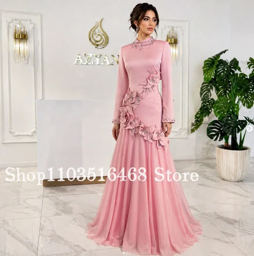 Customized Pink Blush Muslim Evening Gown Long-Sleeve 3D Floral Islamic Prom Dress Mother-of-the-Bride Dress Wedding Party Dress