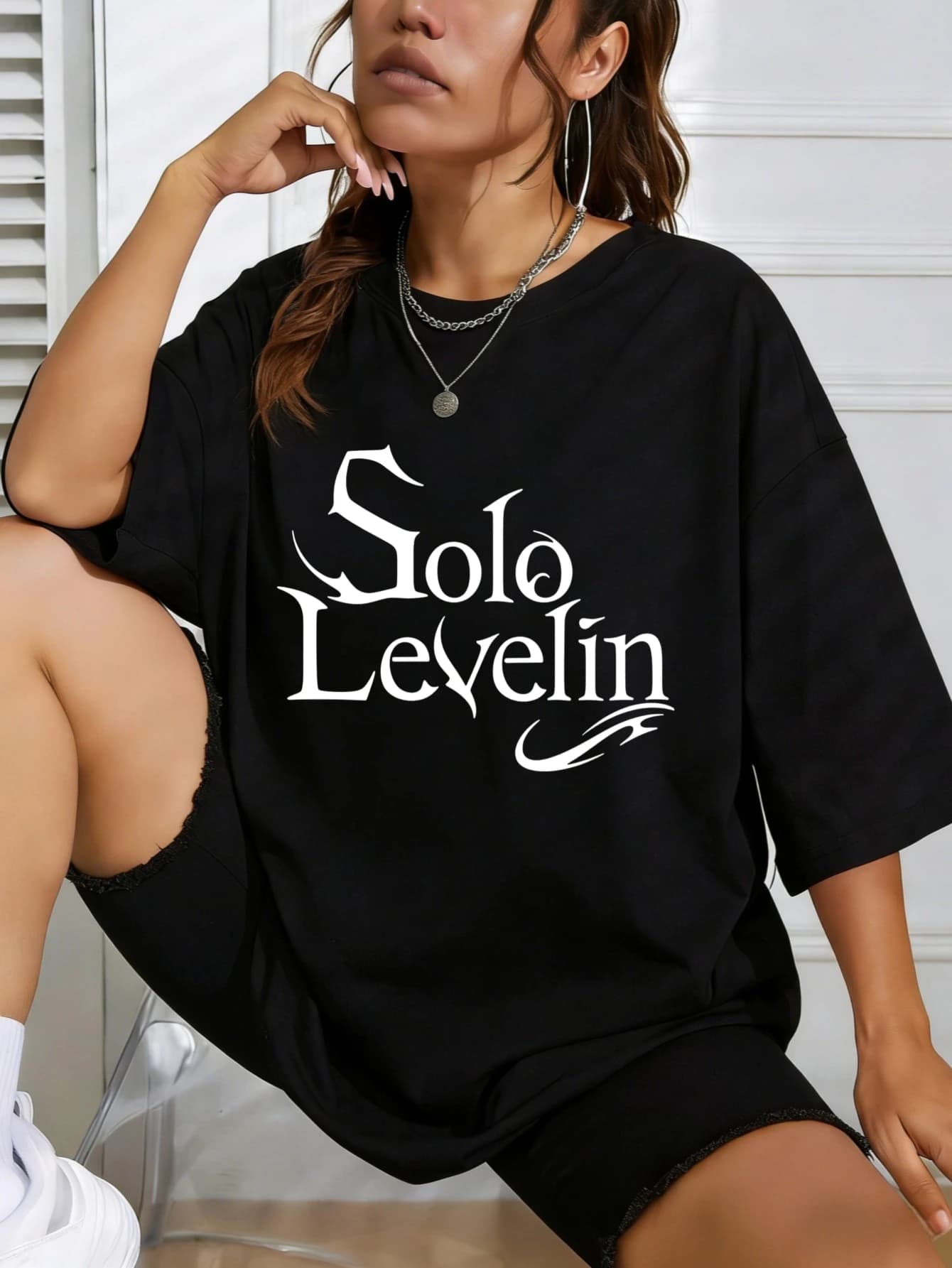 T-shirt da donna, maglietta grafica estiva casual in cotone oversize con stampa Solo Levelin per donna