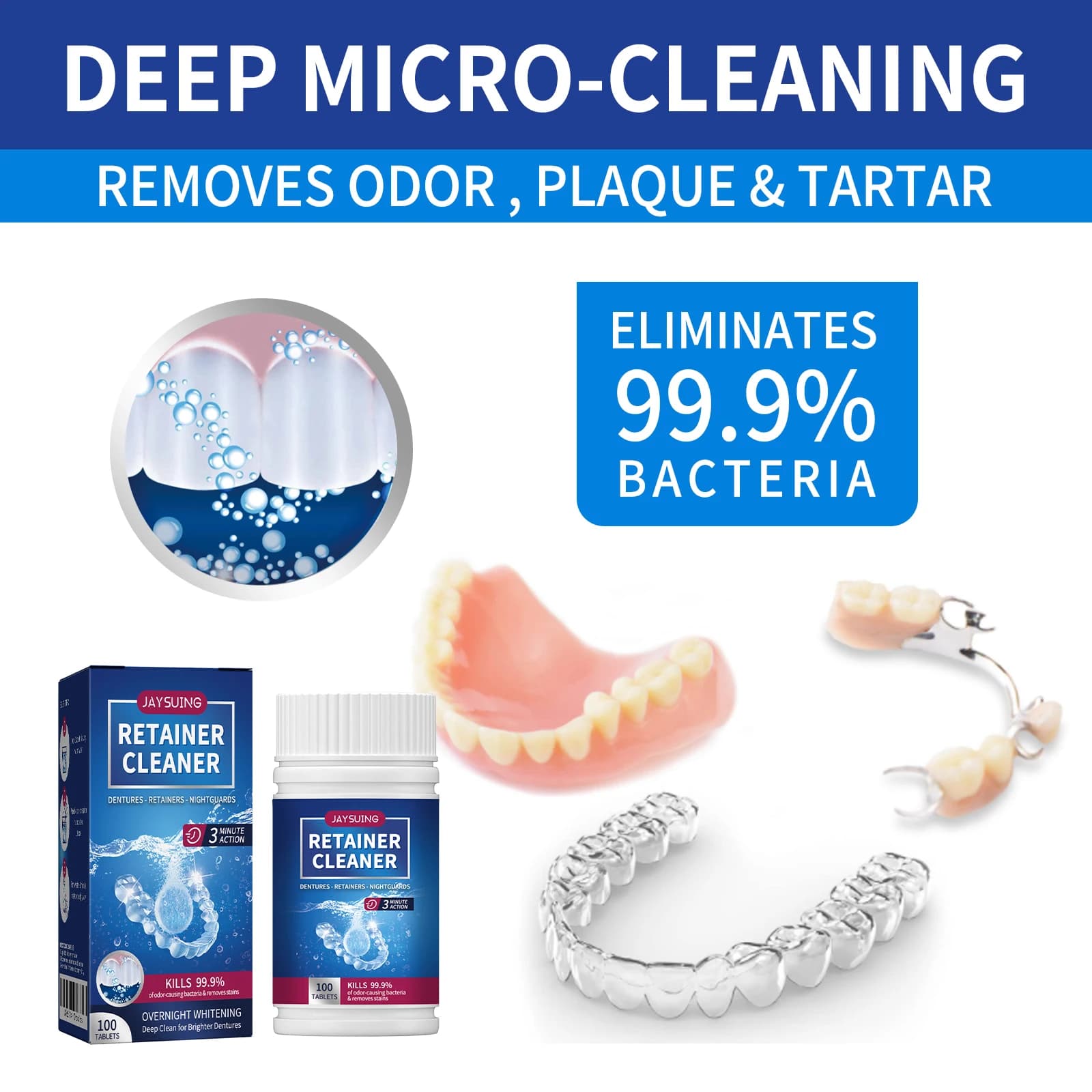 100PCS Denture Cleaning Tablets Removes Odor Oral Cleaning Retainer Cleaner for Aligner Mouth Night Guard
