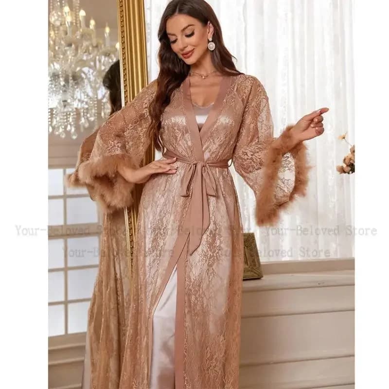 Luxury Party Night Dresses Set Sexy Women's Lace Floral Set Kimono Long Dress Bathrobe Intimo Lingerie Satin Nightwear