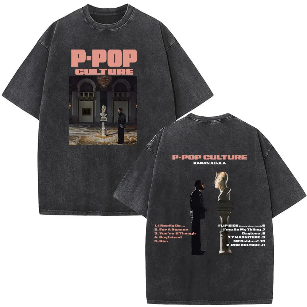 T-shirt Grafica Vintage Lavata Rapper Karan Aujla P-POP Culture Tour 2026 Uomo Donna Moda T-shirt Casual Larga in Cotone