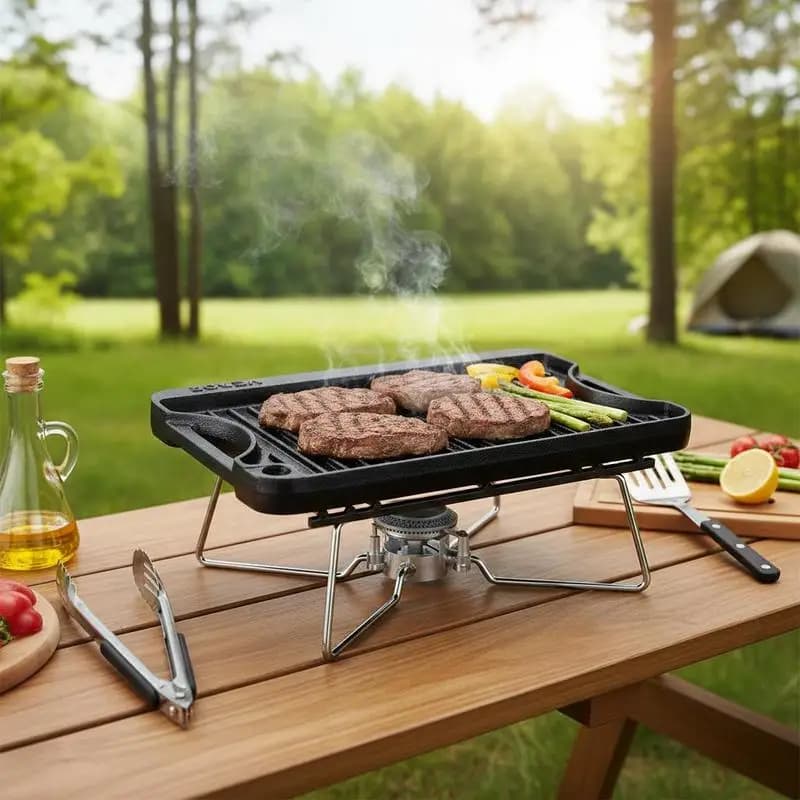 Piastra in ghisa pretrattata 14x8,5 pollici per fornelli a gas, campeggio e barbecue, padella rettangolare portatile reversibile a doppio lato con manici, utensile da cucina per famiglia, nera