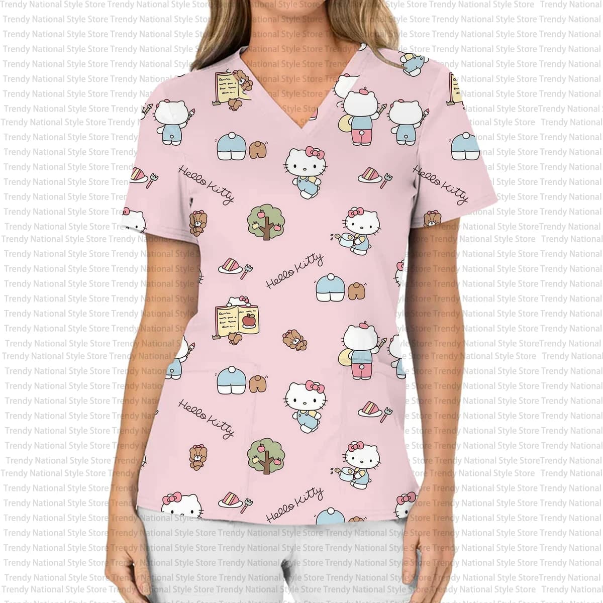 Uniforme clinica da donna elegante Hello Kitty stampato abito chirurgico sanitario alla moda con scollo a V uniforme infermieristica dentale da donna