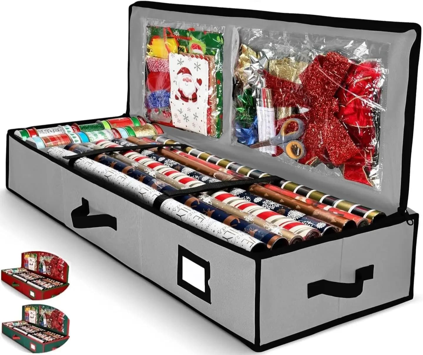 Borsa portaoggetti per carta da regalo natalizia con tasche per accessori, contiene fino a 24 rotoli, scatola per decorazioni natalizie sotto il letto