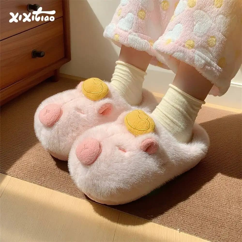 Home Slippers Women's Winter Cotton Slippers Cute Gold Ingot & Capybara Design Non-Slip Furry Indoor Household Slippers Shoes