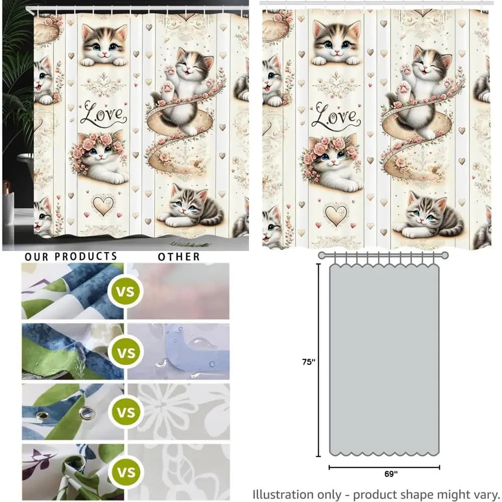 Vintage style shower curtain: adorable blue-eyed kittens come with nostalgic hearts and charm