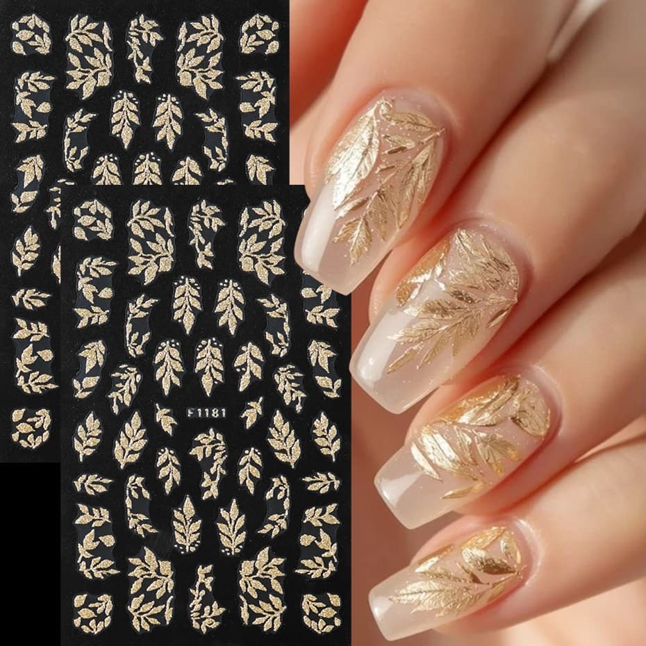 2 pcs 3D Autumn Champagne Golden Leaves Nail Stickers Glitter Golden Leaves Adhesive Sliders for Nails Deep Fall Manicure Decor