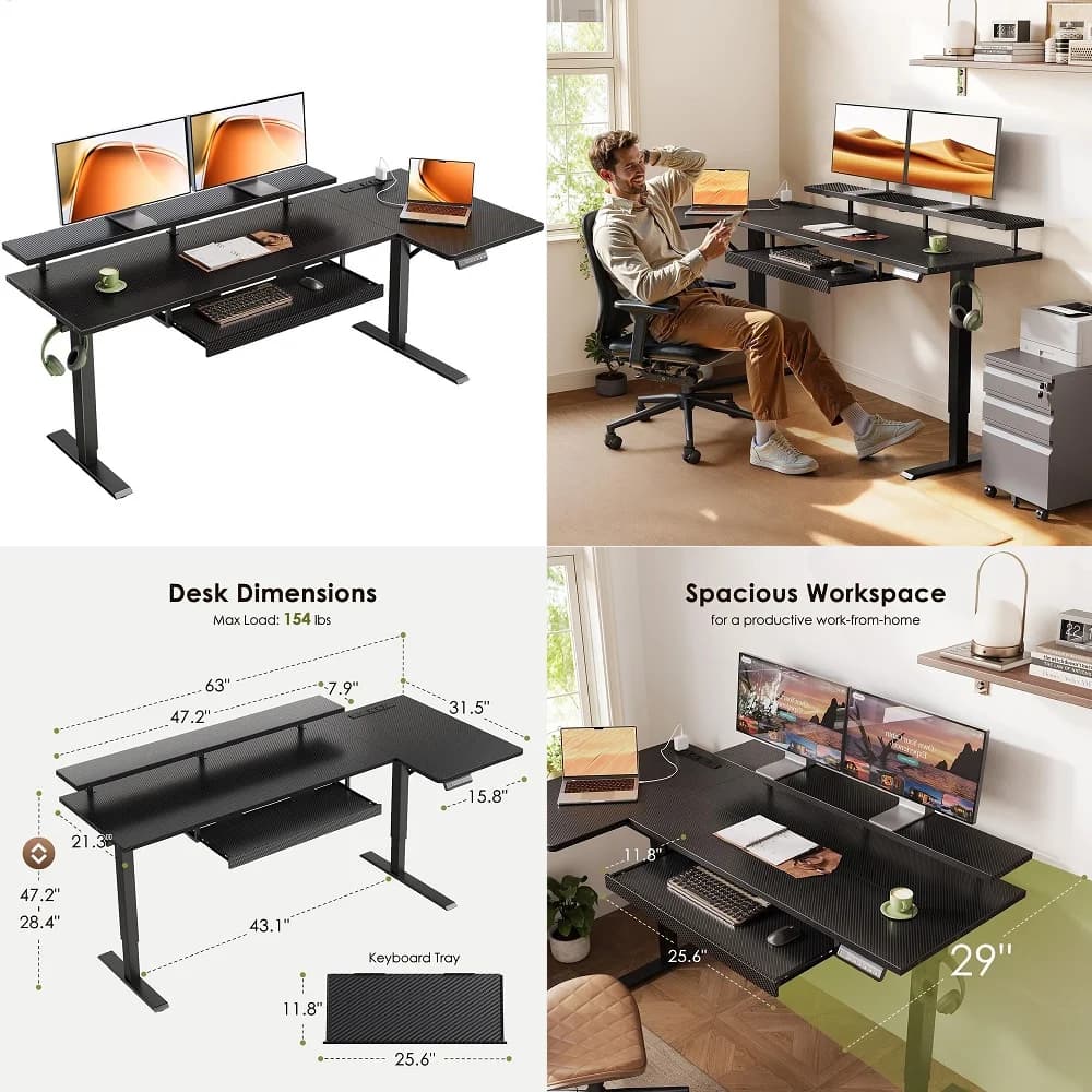 63 Inch L Shaped Electric Standing Desk with Keyboard Tray, Reversible Height Adjustable Corner Computer Desk with Monitor Stan