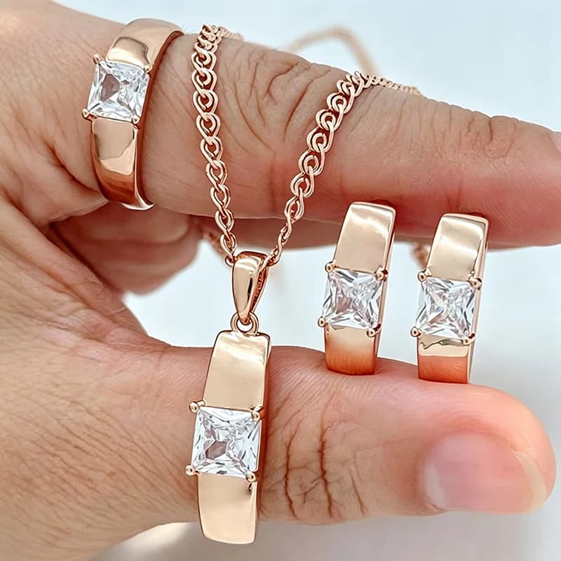Kinel Fashion White Natural Zircon Square Ring Necklace Earrings for Women Simple 585 Rose Gold Color Wedding Jewelry Sets