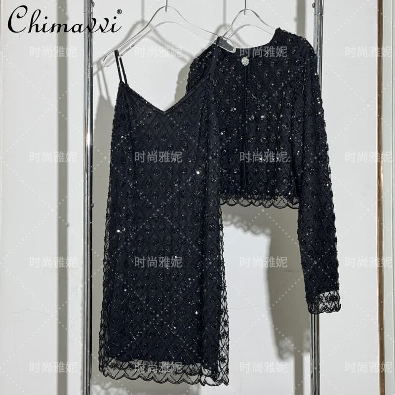 Moda diamante paillettes in rilievo pizzo sexy abito con bretelle girocollo sottile giacca a maniche lunghe set da 2 pezzi primavera nuovi set di gonne