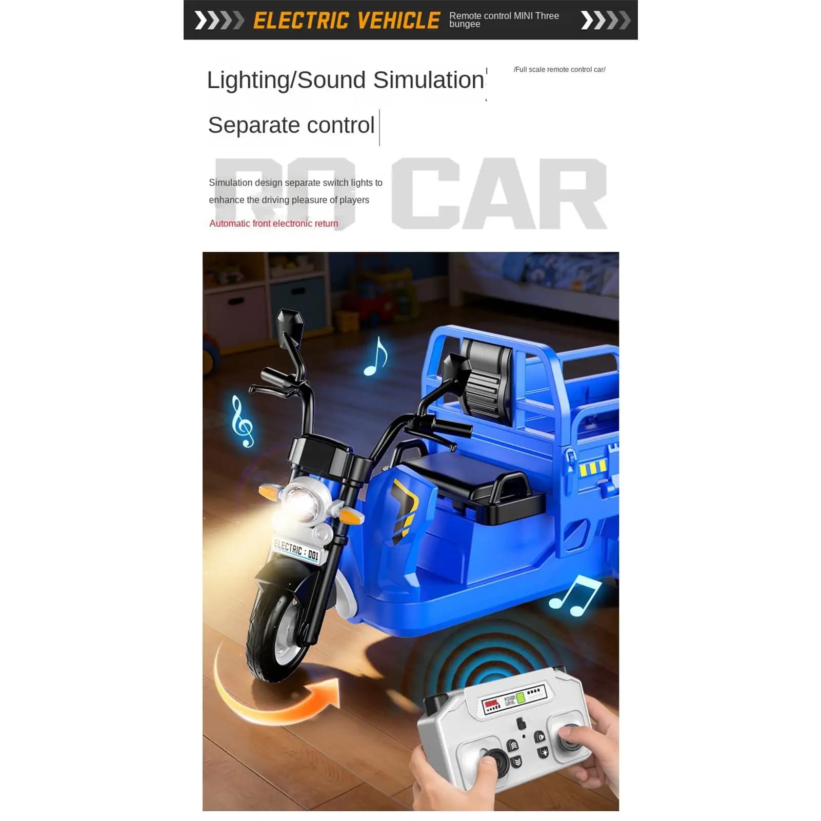 Auto telecomandata per bambini a tre ruote con luci e suoni, camion telecomandato 2.4G per ragazzi e ragazze, per interni, casa, stanza, pavimento in piastrelle