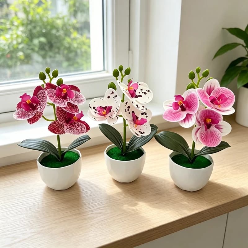 3pcs Artificial Phalaenopsis Orchid Fake Flowers with Pot Mini Silk Faux Plants for Living Room Home Office Desk Tabletop Decor