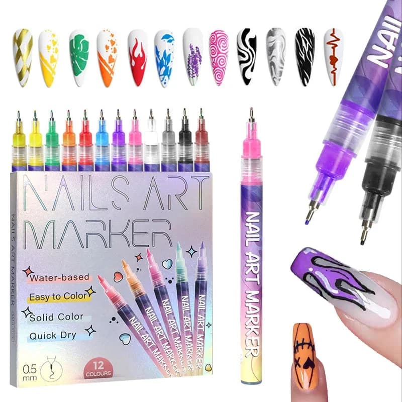 Set di 12 Penne per Nail Art, Penne Colorate 3D per Unghie, Pennelli per Punteggiatura e Linee Sottili per Design Unghie Fai-da-Te, Strumenti per Manicure Domestica e Professionale