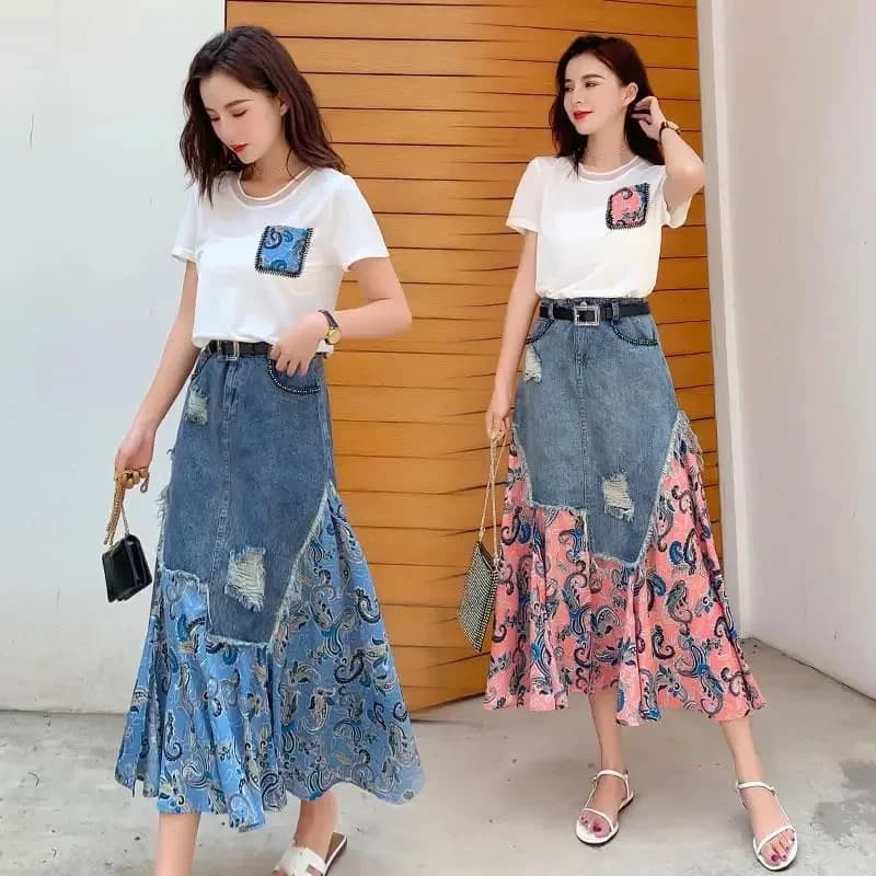 Long summer skirts high waist Women's skirt irregular patchwork jeans Vintage Women's Streetwear Longuette skirts