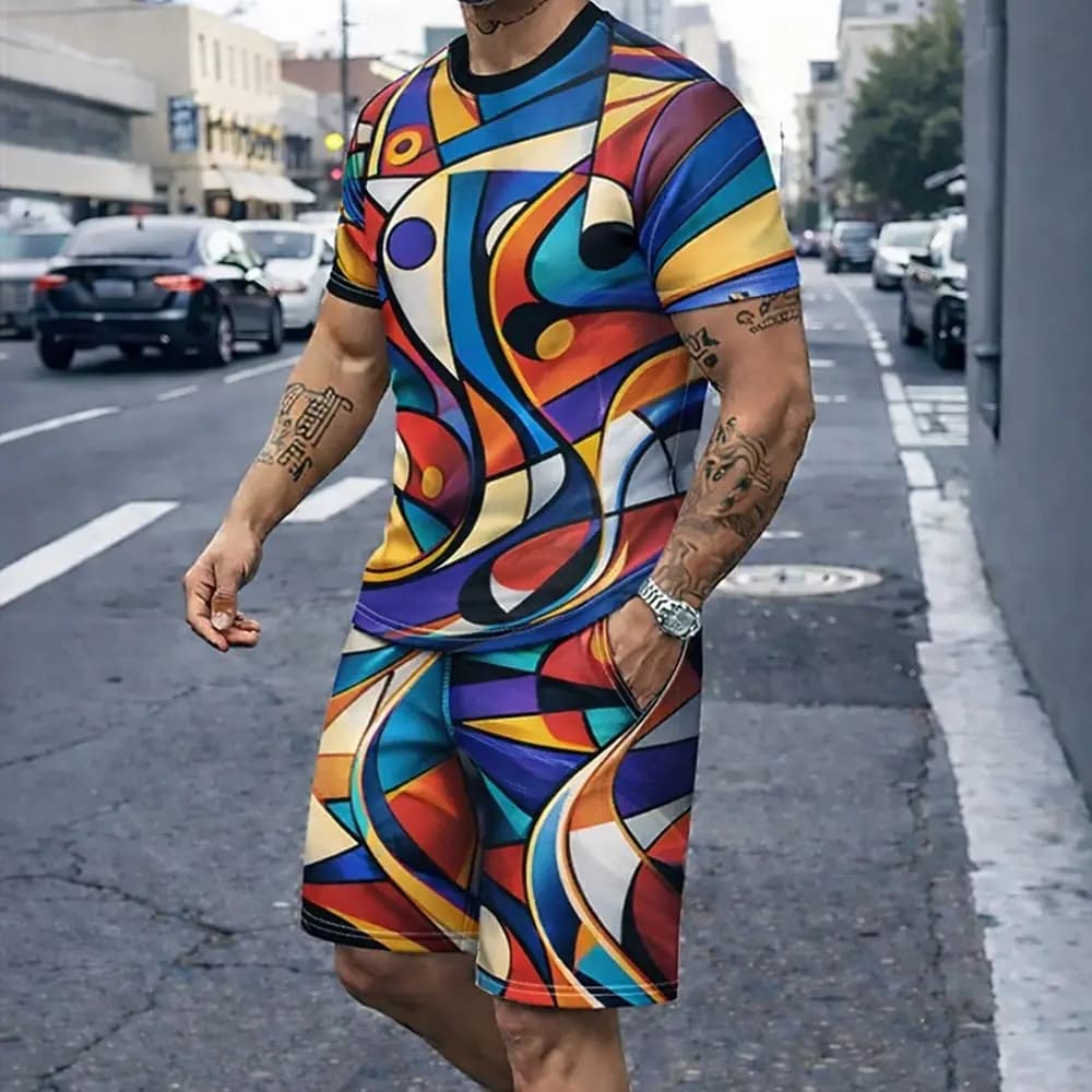 Men's 2pcs Tees Sets Summer Tops Short Sleeve Short Pants Crew Neck Sport Casual Trendy Outdoor Vacation Going Out 3D Print