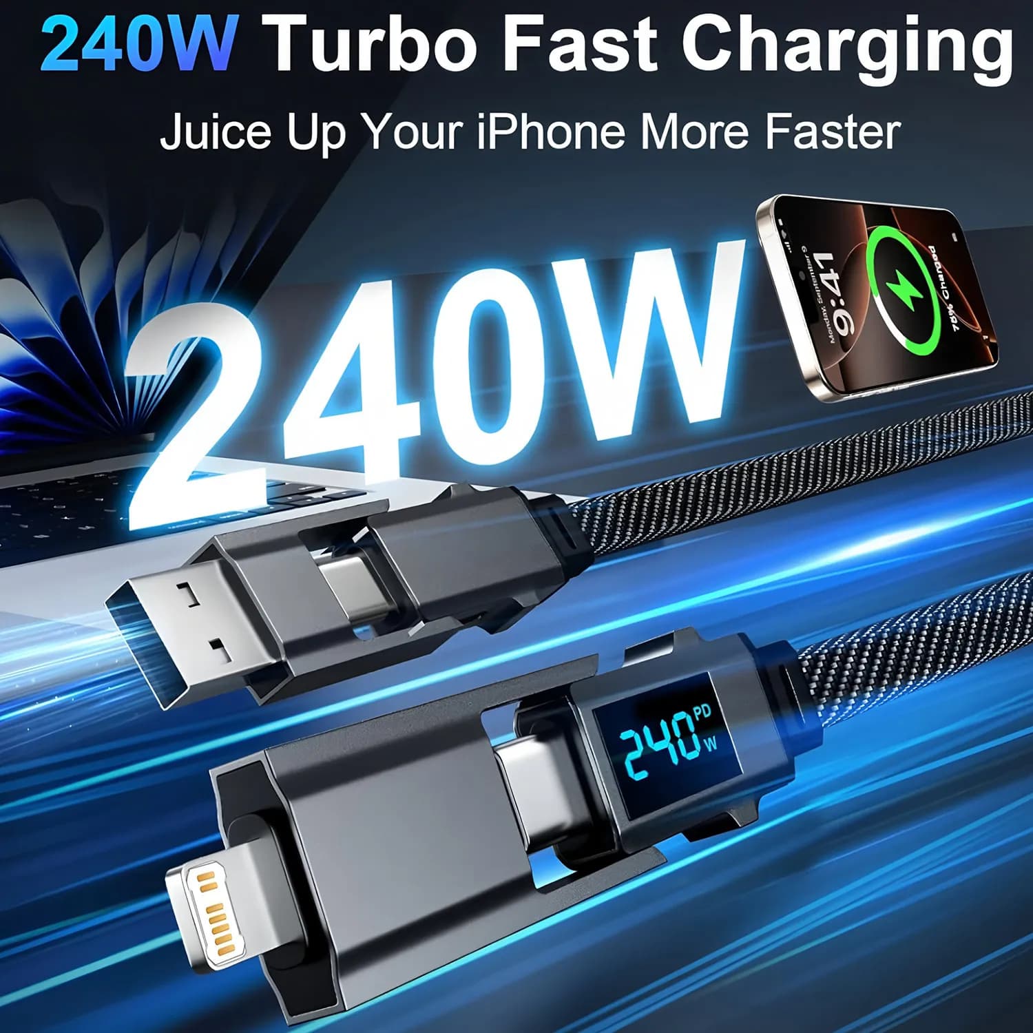 Cavo di ricarica rapida USB 2 in 2 con display digitale per Samsung Xiaomi Huawei Apple, cavo di ricarica USB Type C per tablet e cellulari con tecnologia PD