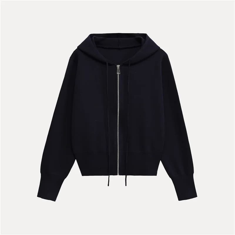 Giacca Casual alla Moda con Cappuccio in Maglia, Versatile, a Maglia Liscia, da Donna, Stile Corto, Chiusura con Cerniera, in Misto Cotone