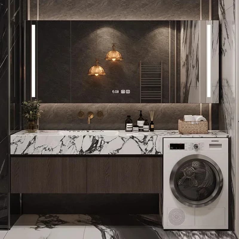 Mobiletto Doppio Lavabo Multifunzione per Bagno, Colonna con Lavandino e Armadietto Farmacia a Muro