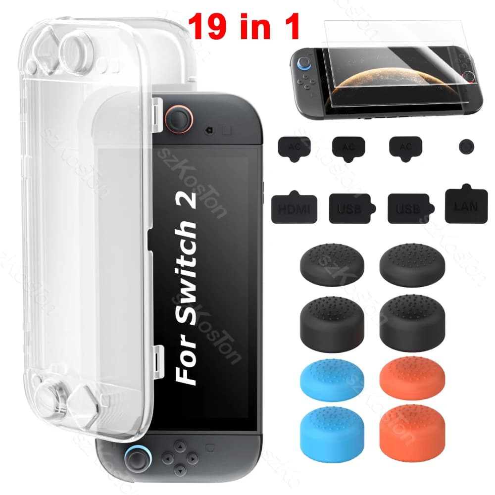 Set 19 in 1 per Switch 2 Custodia protettiva trasparente in acrilico + Proteggi schermo + Impugnatura per pollice + Spina antipolvere Accessori da gioco tutto in uno