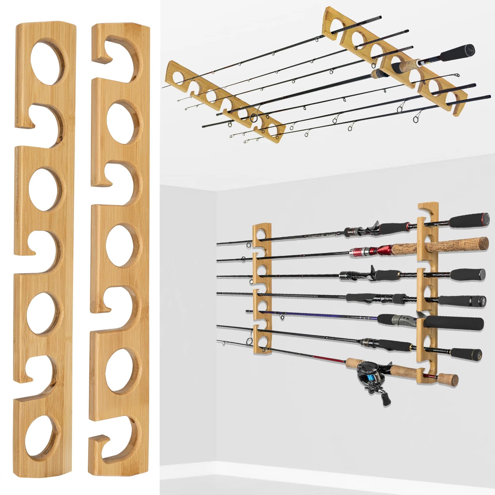 1 pair Fishing Rod Rack Wall Mount Horizontal 7 Holes Wooden Fishing Rods Holders Garage Fishing Pole Display Stand Storage Tool