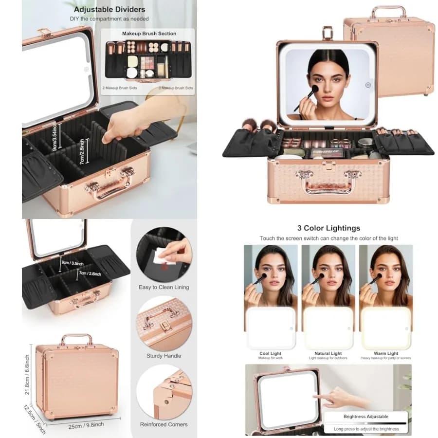 Borsa per il Trucco con Specchio LED, Valigetta da Viaggio per Cosmetici con Specchio Illuminato Ricaricabile, Organizzatore per Pennelli da Trucco