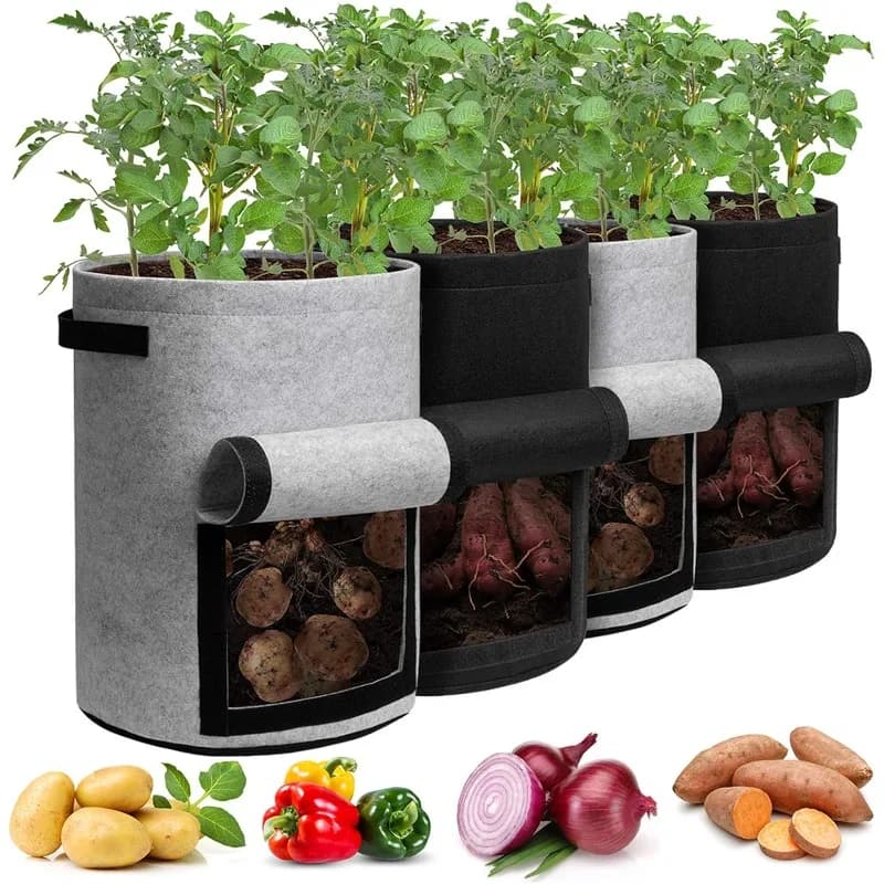 Potato growing bags with opening of 10 gallons, 4 pack, pots for plants with handles and picking window for potatoes, tomatoes and vegetables