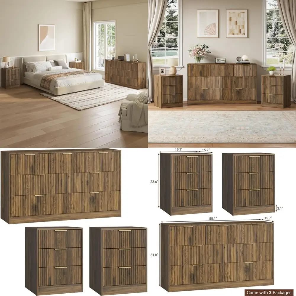 Set di 3 Cassettiere in Noce per Camera da Letto con Maniglie in Metallo