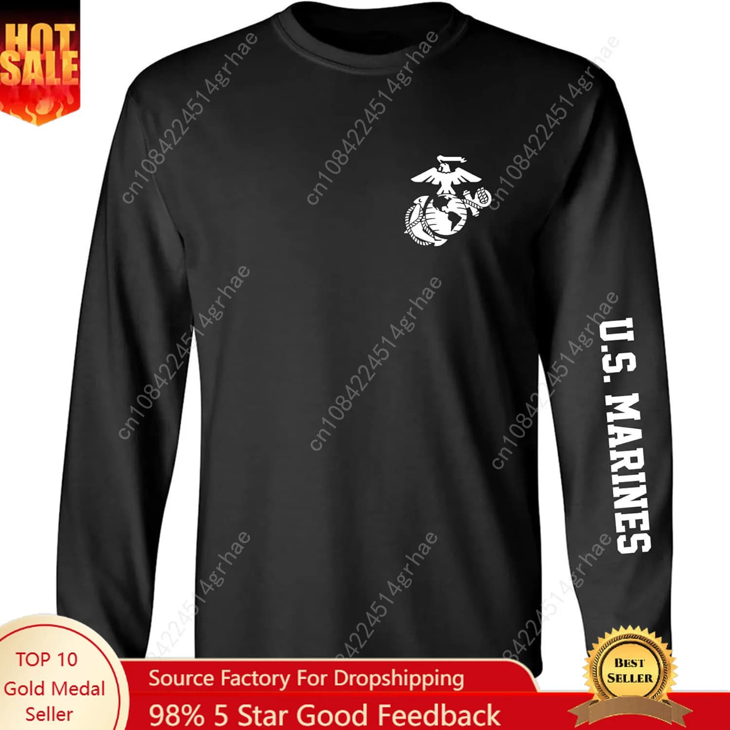 zerogravitee T-shirt a maniche lunghe per adulti con stampa a maniche bianche dei Marines degli Stati Uniti