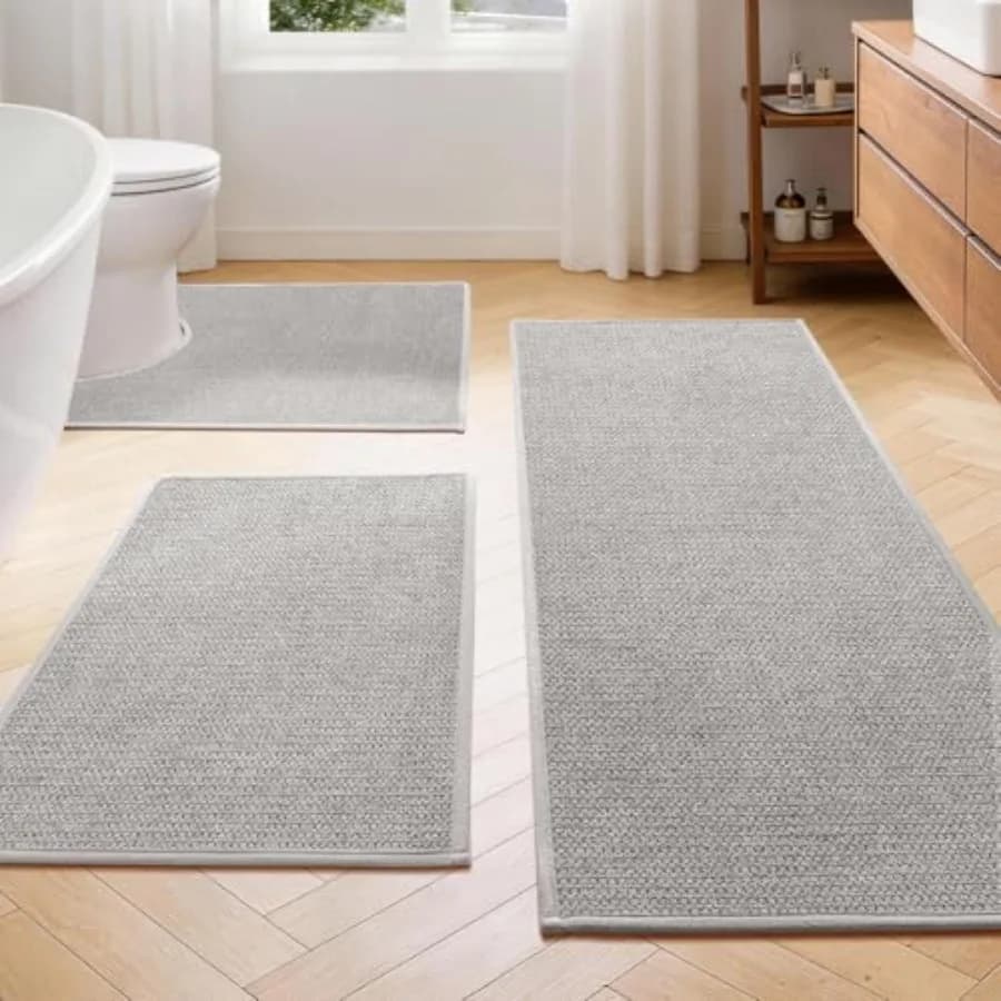Set di Tappeti da Bagno Grigi 3 Pezzi, Asciugatura Rapida, Sottili, Antiscivolo, Assorbenti, Lavabili in Lavatrice, Tappetini per WC