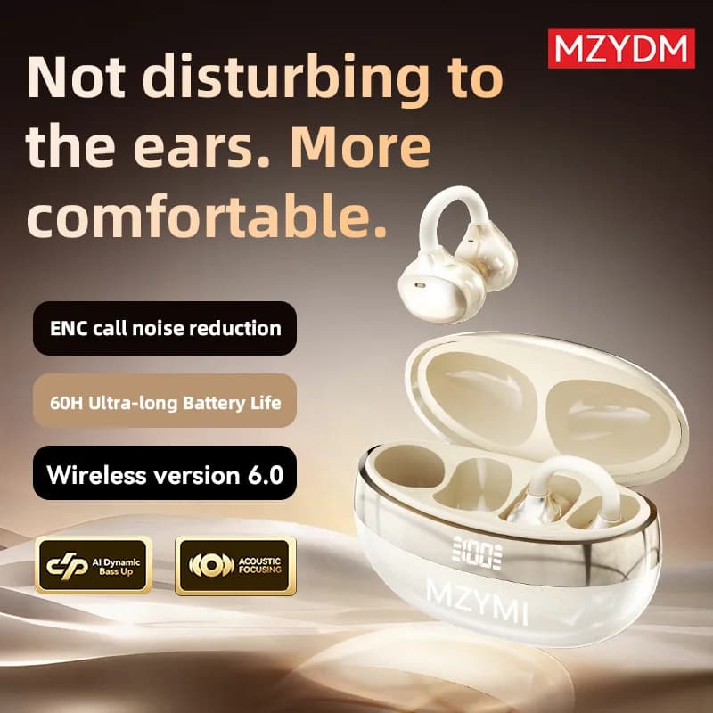 Bluetooth V6.0 TWS Wireless Headphones with Ear Hook, IPX5 Waterproof, HiFi Stereo, Noise Reduction, Clip Headphones with Microphone