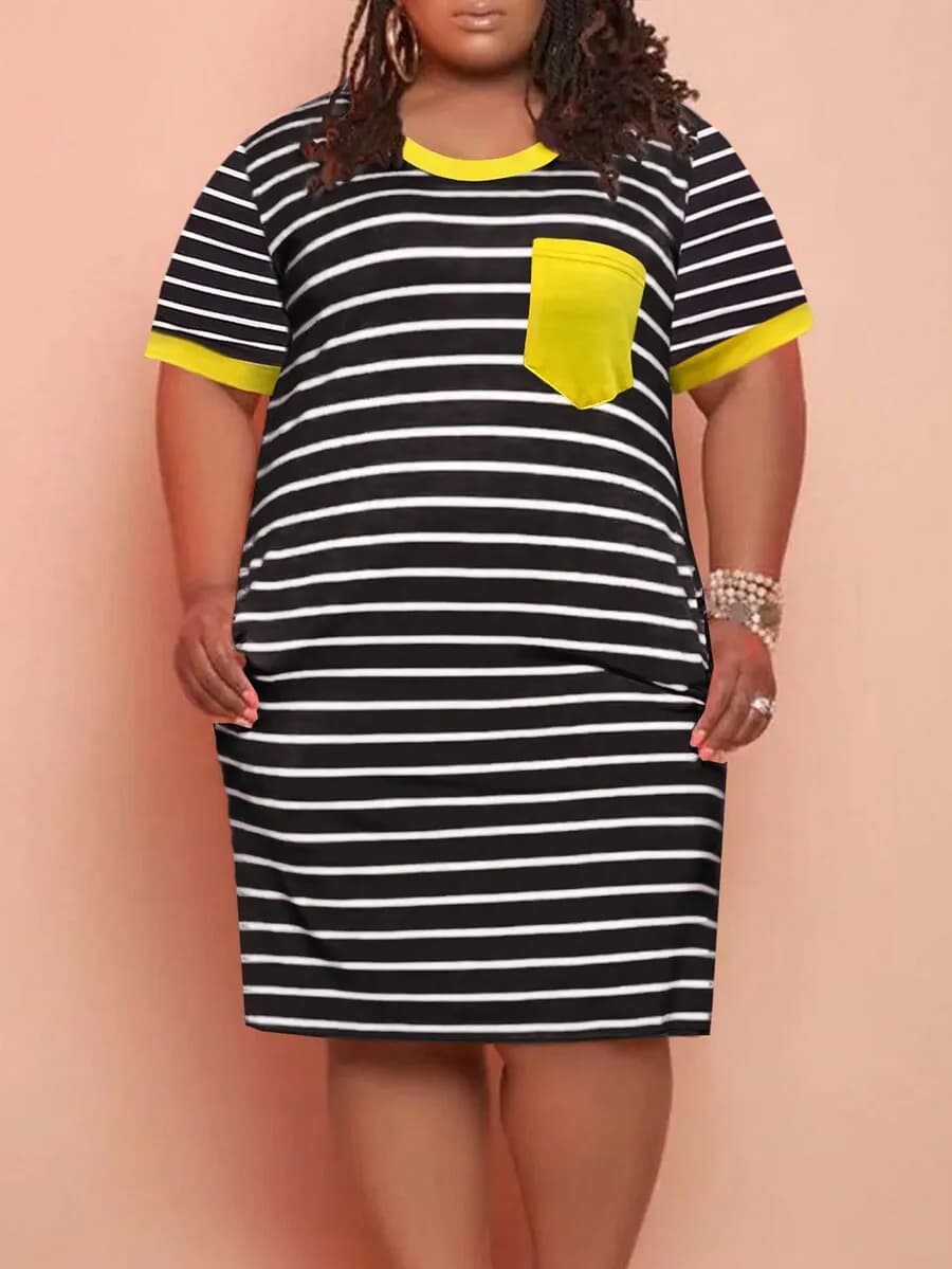 Abito T-shirt casual estivo da donna taglie forti a righe con tasche a contrasto