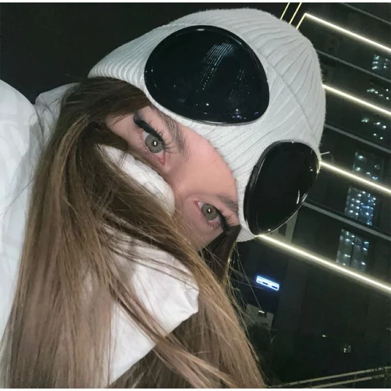Soft Warm Winter Knitted Beanie Hat with Goggles Shaped Design Windproof Ear Protection Unisex Ski Cap for Men Women Snowboard