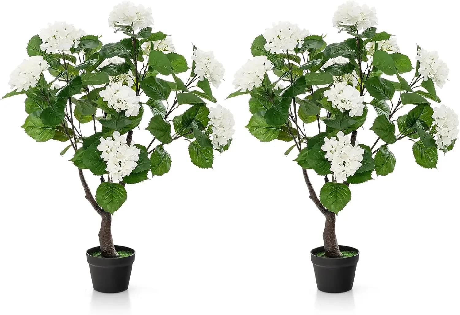 Artificial hydrangea tree, pack of 2 fake floral plants with/11 white flowers and realistic trunk in plastic nursery pot, silk for interior