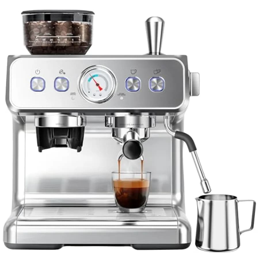 Espresso Machine with Grinder, 20 Bar Automatic Espresso Maker with Milk Frother Steam Wand, Removable Water Tank, Latte Cappuc