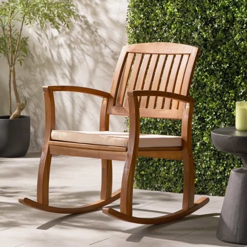 Sedia a dondolo da esterno in legno con cuscino Poltrona resistente alle intemperie per patio, giardino, balcone, mobili da esterno