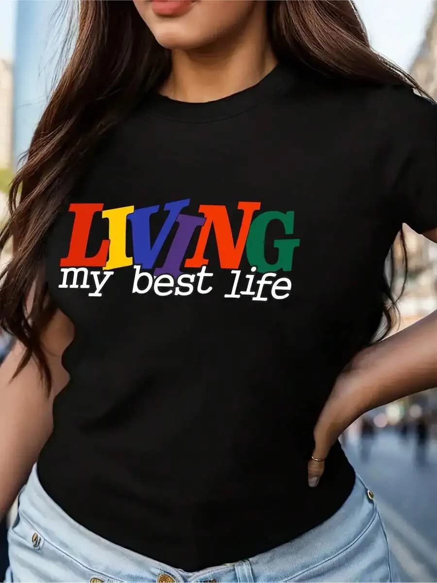 Living My Best Life Colorful Letter Graphic Tee Women Casual Crew Neck Short Sleeve Cotton T-Shirt