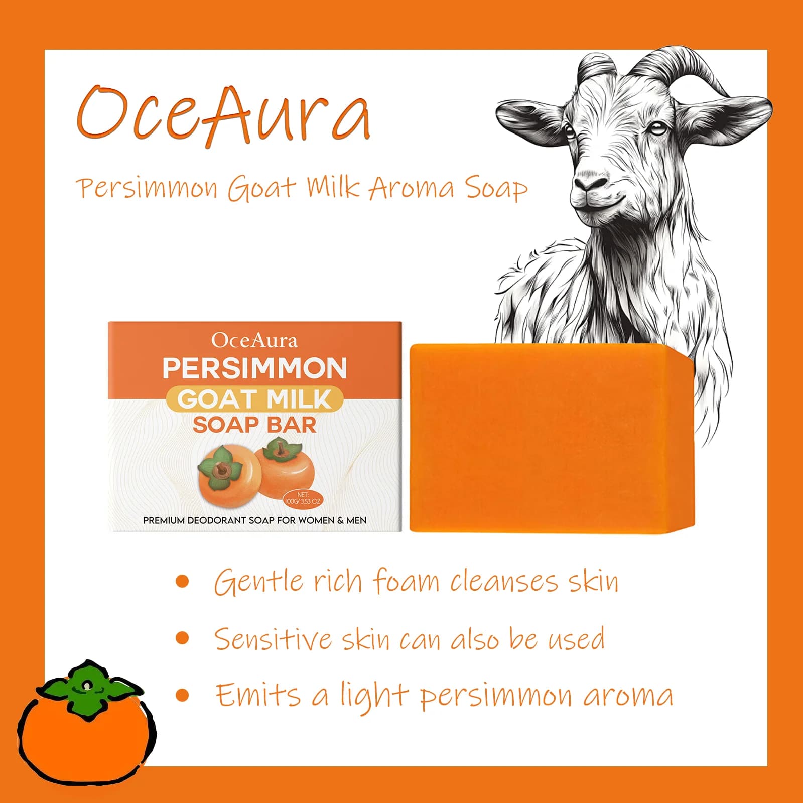 OceAura Sapone profumato al latte di capra cachi Idrata, idrata, pulisce leggermente, fragranze, ammorbidisce e cura della pelle