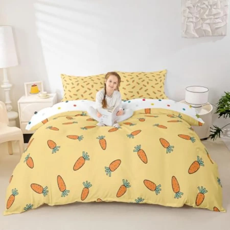 Carrot Duvet Cover Cute Cartoon Reversible Comforter Cover Set for Girls Teen Soft Microfiber Bedding Set with Zipper Ties Mode