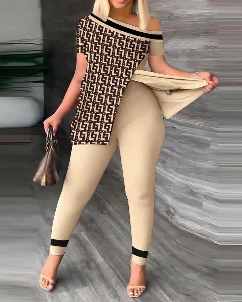 Women's Printed Two-piece Set With Slit Irregular Sloped Collar Top T-shirt Printed Trousers Two-piece Set Fashionable