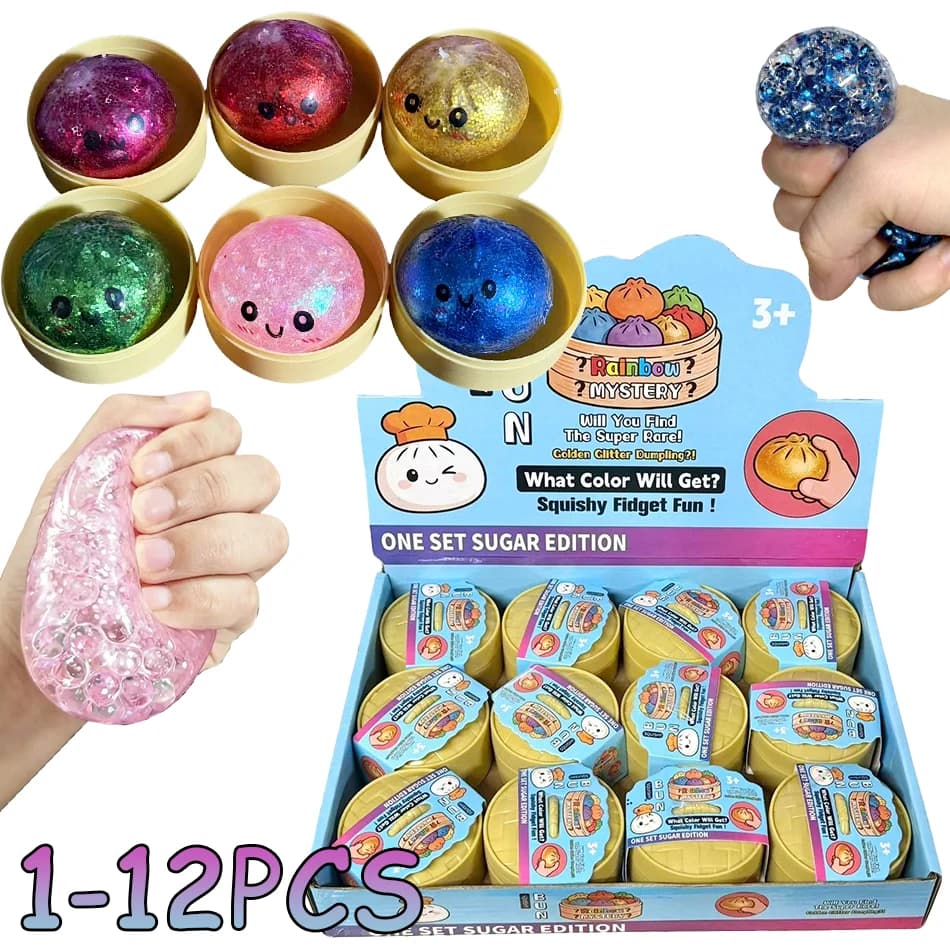 Mini Hot Squishy With Box Glitter Dumpling Sensory Steamer Soft TPR Dough Ball for Decompression Fidget Toy Stress Relief Gift