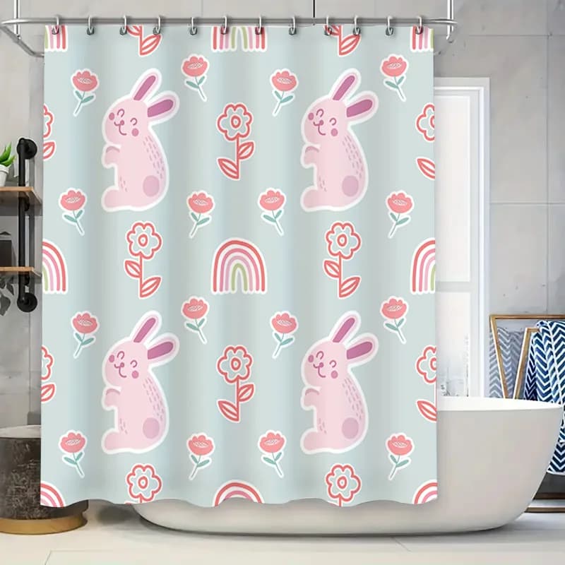 Simpatico tenda da doccia coniglietto con fiori, design arcobaleno, tessuto impermeabile per l'arredamento del bagno in colore azzurro (dimensioni: 72x